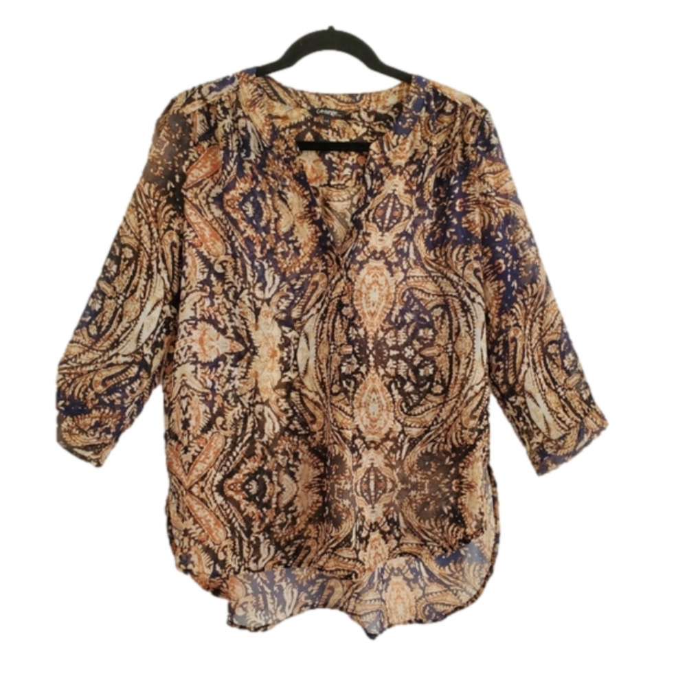 Semi Sheer Flowy Blouse  3/4 sleeves Brown/Blue Sz L